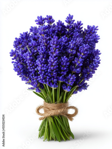 Purple hyacinth bunch tied in twine vase on white background
