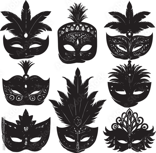 Collection of ornate black and white venetian masquerade masks with feathers and intricate designs