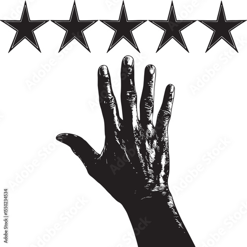 Hand reaching up towards five black stars representing a five star rating or achievement
