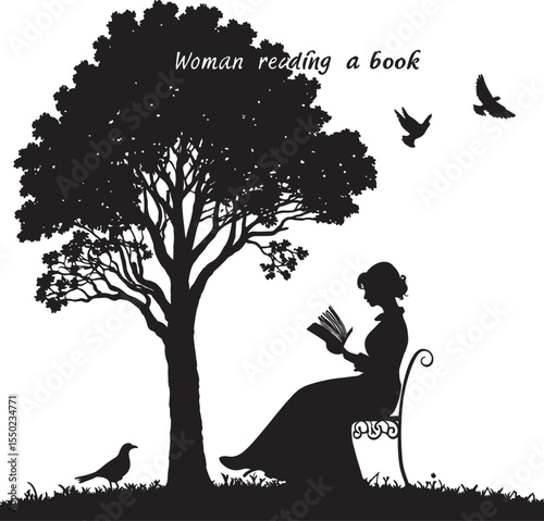 Victorian woman silhouetted reading a book under a tree with birds flying