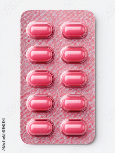 Pink pills in blister pack on white surface
