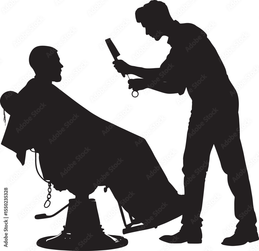 Silhouette of a barber cutting a clients hair with scissors and comb in a chair