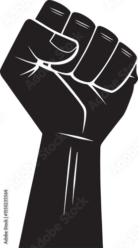 Black fist raised in protest and solidarity against a white background