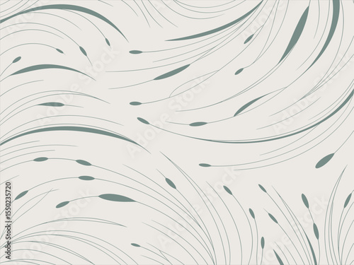 Abstract pattern of flowing green grass blades and seed heads on a light background