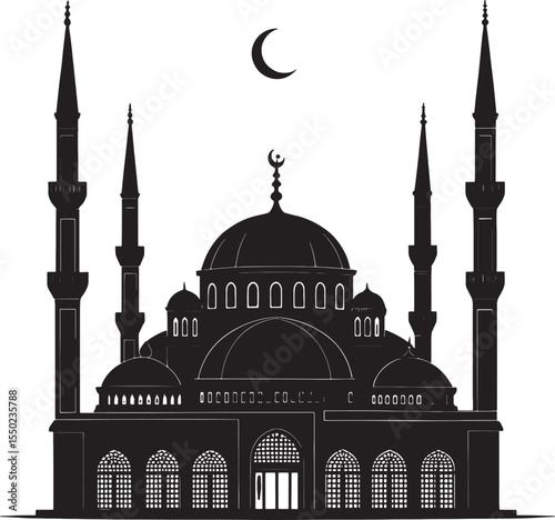 Silhouette of a grand mosque with minarets and a crescent moon above