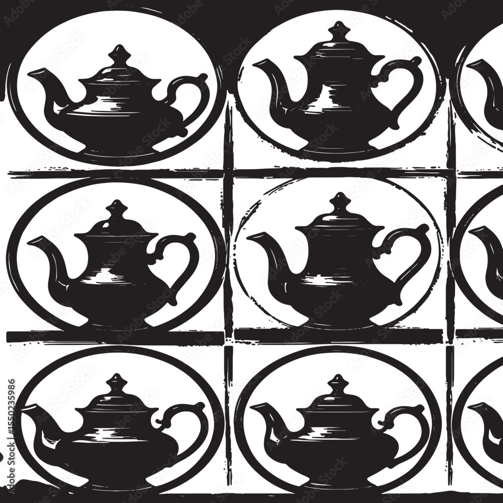 Vintage teapot illustration in a circular frame pattern