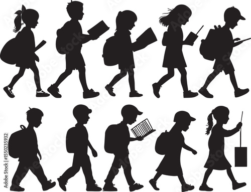 Diverse group of children walking and reading books carrying backpacks on white background