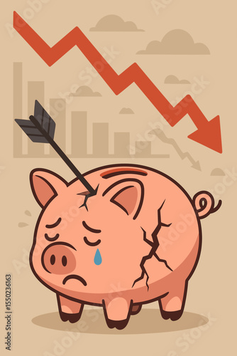 Economic crisis concept with a crying cracked piggy bank. Financial recession and investment loss metaphor. Red arrow graph pointing down symbolizing stock market crash and failure.