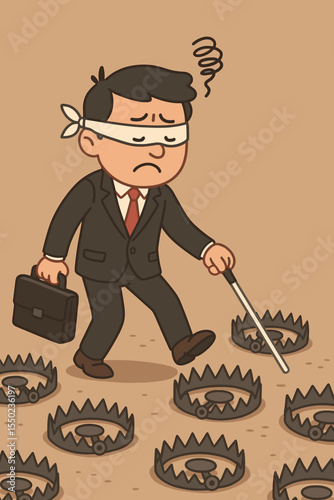 Blindfolded businessman walking through a field of bear traps. Metaphor for business risk, danger, and uncertainty. Concept of poor strategy, bad decisions, mistakes, and failure.