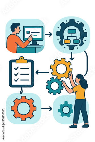 Business process management flowchart for workflow automation. People collaborate on a project using gears, a computer, and a checklist. Concept of strategy, optimization, and teamwork.