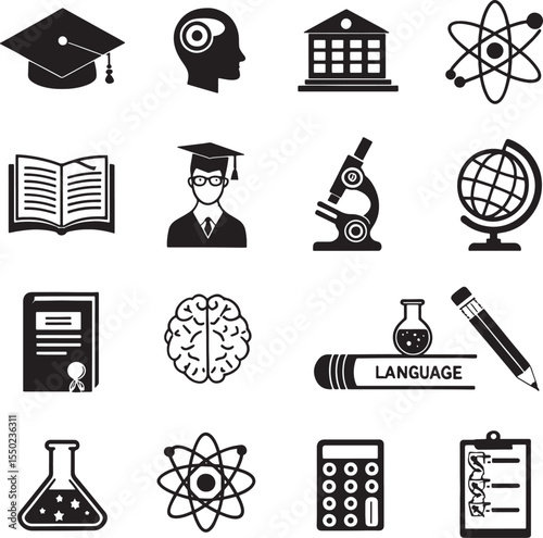 Collection of educational and scientific icons representing learning and knowledge