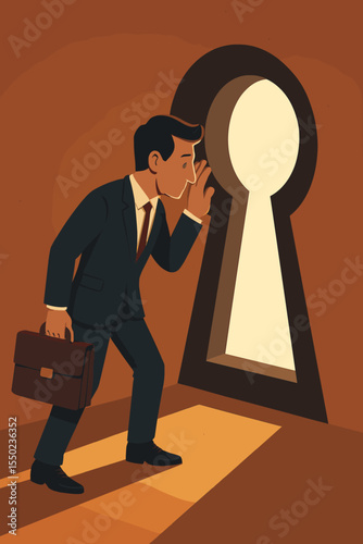 Businessman with briefcase looks through a large keyhole. Concept of new opportunities, future vision, and career growth. Metaphor for discovery, success, corporate strategy, and challenges.