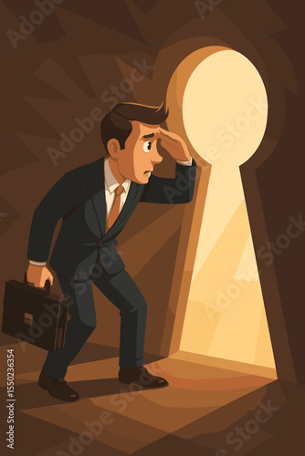 Metaphor for business opportunity. Businessman looking through a giant keyhole. Man spying on the future. Concept for career, challenge, solution, success, and discovery. Vector.