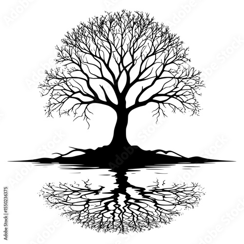 Bare tree with detailed roots above water surface – nature symmetry silhouette