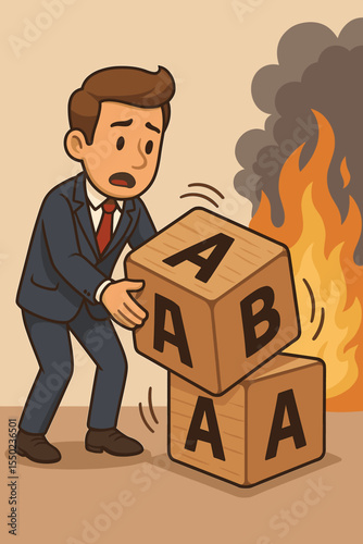 Business strategy change from plan A to B. Man flips a cube in an emergency crisis with fire. Concept of adapting, contingency plan, pivoting, problem solving and risk management.