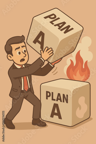 Businessman in panic as his strategy fails. No Plan B backup for crisis management. Concept of poor planning, risk, being unprepared for emergency. Business metaphor illustration.