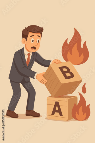 Businessman adapting business strategy, switching from failing Plan A to Plan B. Manager in crisis changes to contingency plan. Vector for risk management, emergency, survival.