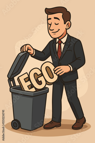 Businessman throwing ego in trash bin, overcoming personal obstacles, professional growth concept, self-improvement, ego management, career success, vector cartoon illustration