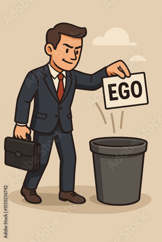 Businessman throwing away ego in the trash. Concept of overcoming pride and personal obstacles for professional growth. Humility, self-improvement, mindset change vector.