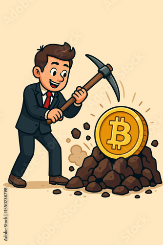 Enthusiastic Businessman Mining Bitcoin with Pickaxe, Discovering Digital Gold, Illustrating Cryptocurrency Acquisition, Investment, and Blockchain Technology Concept.