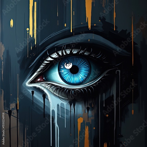 A close-up of a light blue eye with layered dropping paint, blending black, gray, and earthy brown tones