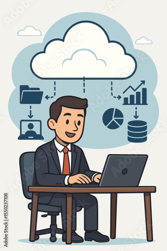 Businessman at desk using laptop for cloud computing technology. Concept for remote work, data storage, file management, server connection, and online business analytics. Vector.