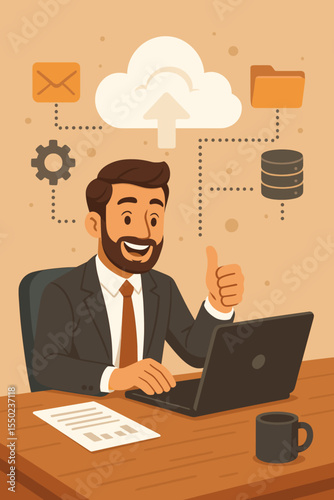 Cloud computing business concept. Man at laptop uses online technology for remote work. Efficient data management, file sharing, database synchronization, server storage. Vector.