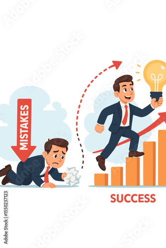From failure to success business concept. Man learning from mistakes for career growth. Path to progress, improvement, and development. Metaphor for resilience and innovation.