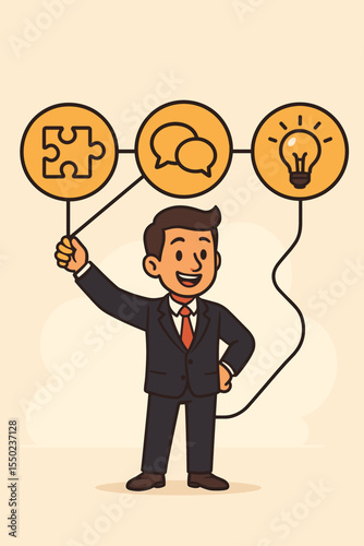 Businessman linking puzzle pieces, communication chat bubbles, and lightbulb for problem solving, brainstorming, innovation, and business success solution. Vector illustration.