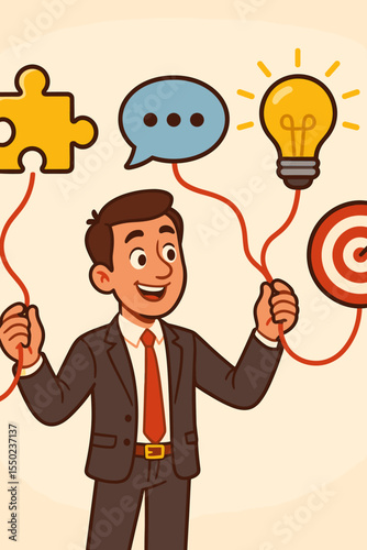 Businessman linking ideas for success. Business strategy concept of problem solving, communication, innovation, and reaching goals. Cartoon character connecting icons. Vector.