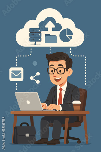 Cloud computing technology concept. Cartoon businessman at desk with laptop leveraging online services for remote work, data management, secure file storage, and server analysis.