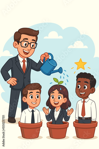 Businessman manager watering talented staff, a metaphor for HR talent development and career growth. Leadership, mentorship, and investment in human resources for company success.