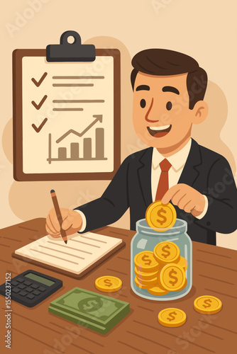 Personal finance management concept. Businessman planning budget, saving money in a jar. Financial growth chart, calculating income. Investment success cartoon vector illustration.