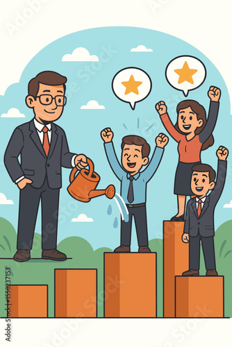 Businessman manager watering talented staff for HR talent development and career growth. Leadership and mentorship concept for nurturing employee potential and success. Vector cartoon.