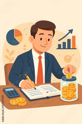 Businessman managing personal finance and budget planning. Man saving money in a glass jar. Financial concept of investment, wealth accumulation, retirement savings, and accounting.
