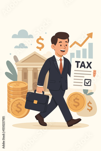 Businessman paying taxes, financial charge and duty for economic development. Man holding tax return form walking past bank with money coins and upward growth chart. Vector cartoon.