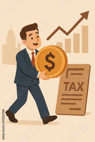Businessman paying taxes with a gold dollar coin. Corporate financial duty and payment concept for economic growth. Cartoon character walking to a tax form with a city and chart.