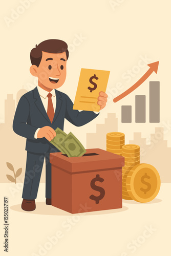 Businessman making a financial contribution. Concept of paying taxes, investment, funding, or savings for economic development. Man putting money in a box with a profit growth chart.