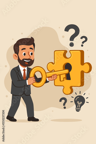Businessman unlocking a solution to a problem, holding a key to answer questions. Metaphor for resolving issues, finding solutions, and corporate strategy. Business success concept.