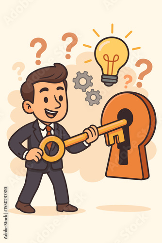 Businessman unlocking solution to a problem, holding a key to success. Metaphor for resolving issues, finding answers, business strategy, and innovation with a creative idea.