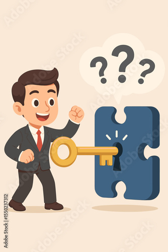 Businessman unlocking a solution to a problem, holding a golden key to a puzzle. Business concept for answering questions, resolving issues, strategy, and finding a solution. Vector.