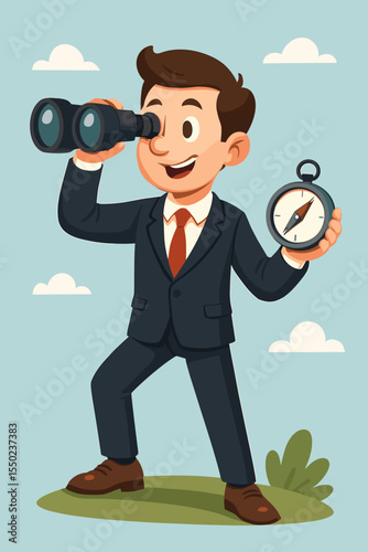Businessman with binoculars looking for future opportunities and holding a compass for direction. Business vision, strategy, and leadership concept. Exploring new markets. Vector.