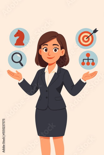 Businesswoman juggling strategic business icons. Vector concept of a manager balancing corporate tasks like goal setting, research, strategy, and organization. Project management.