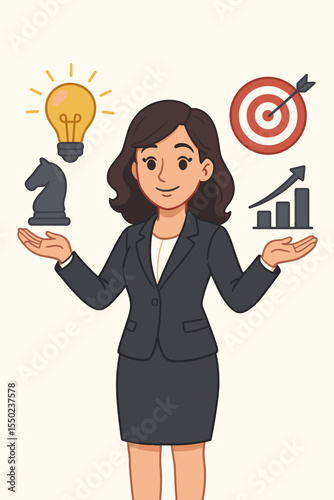 Businesswoman balancing strategic business icons. Concept of multitasking, project management and corporate skills. Juggling idea, strategy, target and growth for success. Vector.