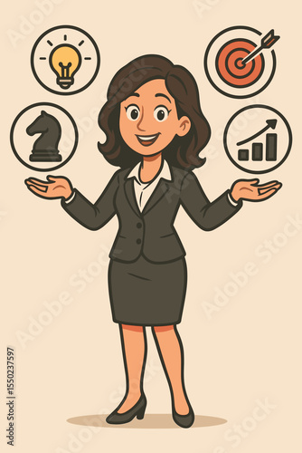 Businesswoman managing key skills. Vector concept of a professional balancing strategy, ideas, goals, and growth. Cartoon of a multitasking female manager with business icons.