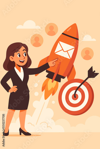 Email marketing campaign launch concept. Businesswoman pointing at rocket hitting target audience. Digital strategy for newsletter advertising, lead generation, and business growth success.