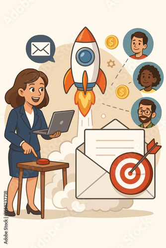 Targeted email marketing campaign concept. Businesswoman pressing button to launch rocket. Reaching customer audience for lead generation. Digital advertising and startup growth.