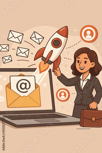 Email marketing campaign launch concept. Businesswoman launching rocket from laptop, symbolizing fast, effective targeted advertising strategy to reach new customers.