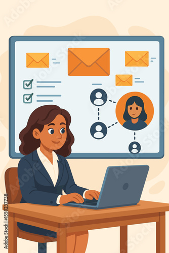 Businesswoman managing email marketing campaign, building targeted mailing list for effective outreach. Digital strategy, CRM, and customer segmentation concept vector illustration.