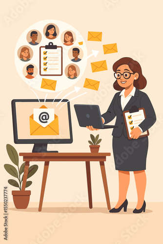 Businesswoman managing email marketing campaign. Digital marketer sending newsletter to targeted audience. Building mailing list for effective outreach and customer relationship management.
